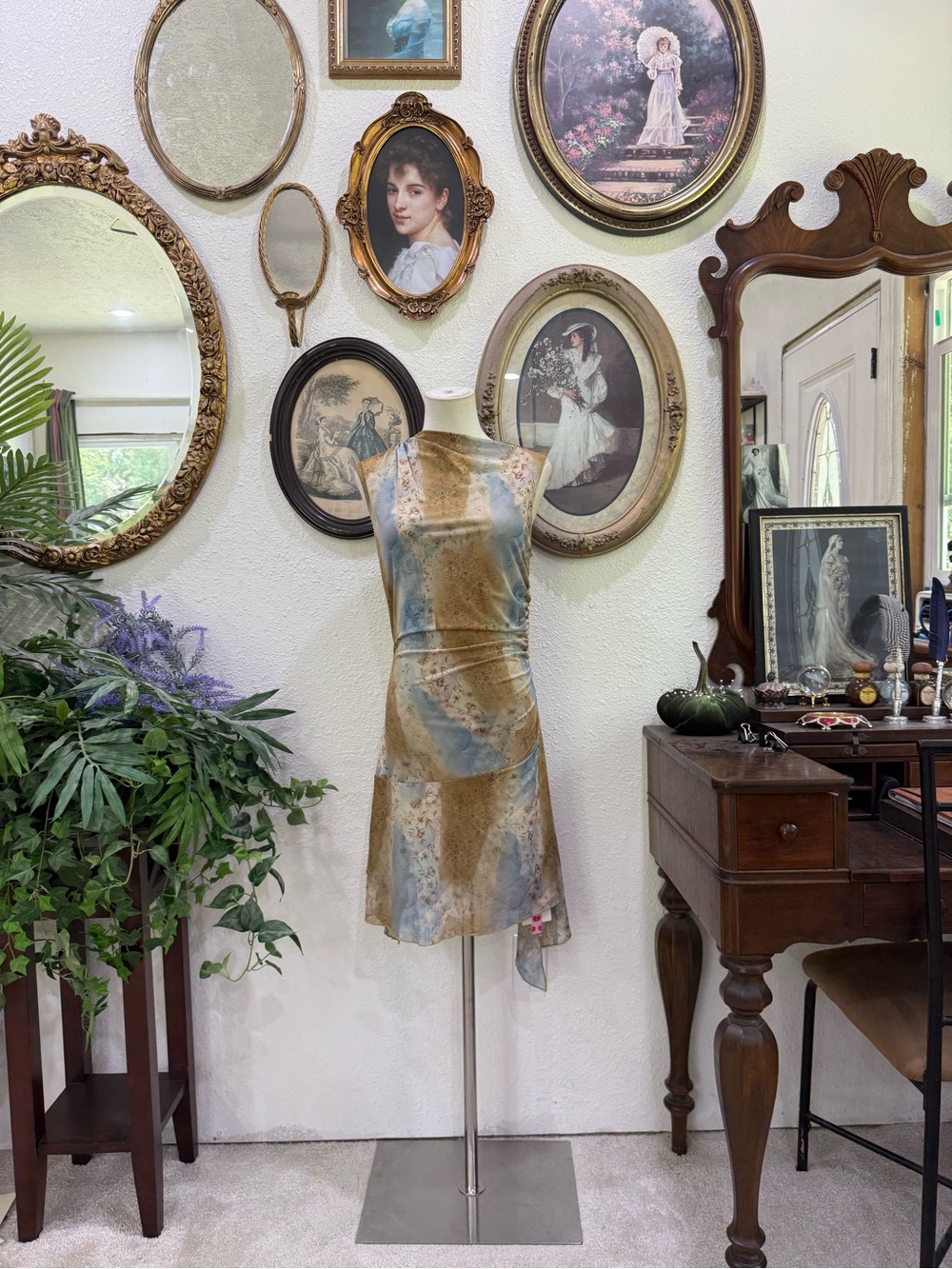 Cider Asymmetrical Floral-Marble Dress in Blue & Tan